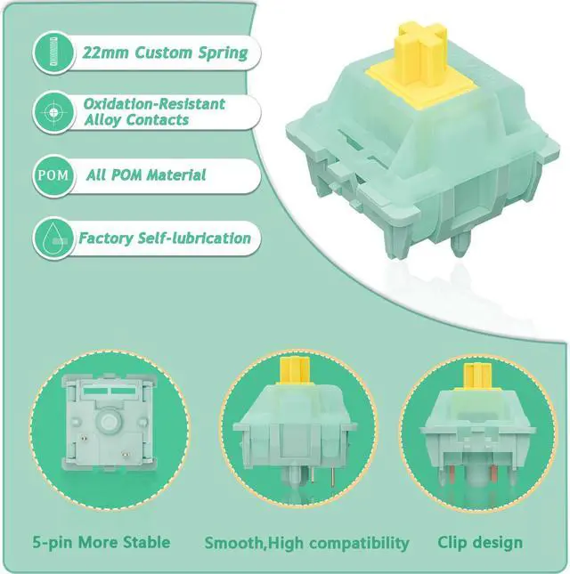 Alt view image 3 of 5 - Mciepny Gateron Jade Goldenrod Yellow Pro Keyboard Switch,55gf 5-Pin Pre Lubed SMD Lamps Linear Key Switches,for Mechanical Gaming Keyboard(108Pcs)