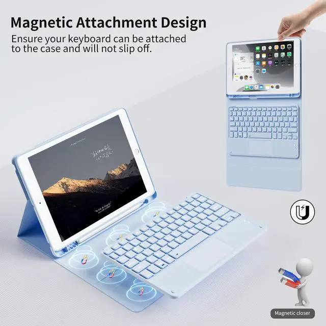 Alt view image 4 of 5 - GKABXY Touchpad Keyboard Case for iPad 9th/8th/7th Gen (2021/2020/2019), Detachable Wireless Bluetooth Keyboard Case with Pencil Holder, Multi-Touch Trackpad Keyboard Case for iPad 10.2 inch, Sky Blue