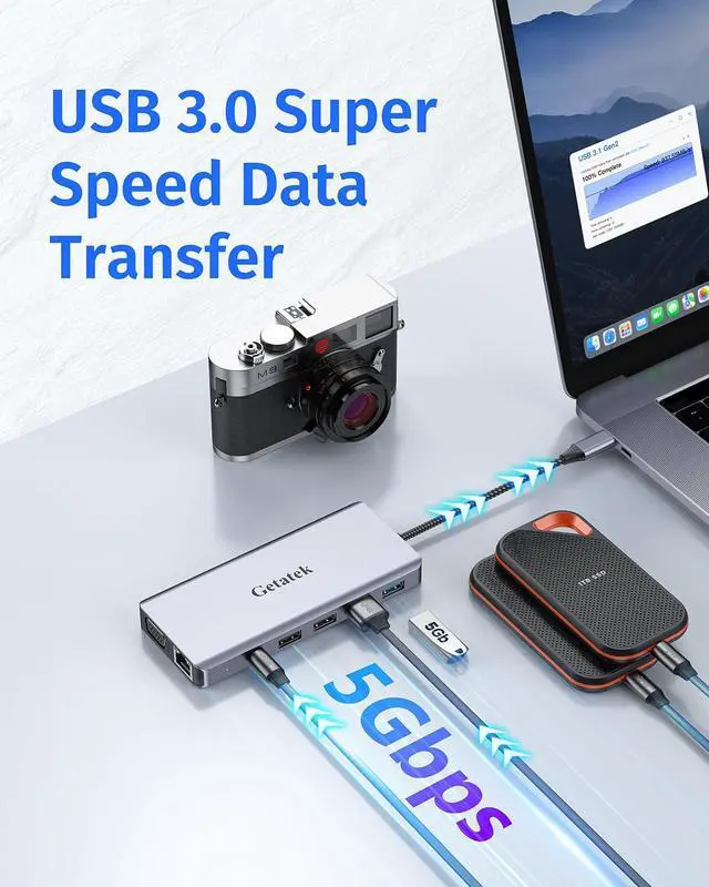 Alt view image 3 of 5 - Getatek12-in-1 Docking Station with 4K HDMI,VGA,Ethernet,USB A 3.0 Data Port and USB C 5Gbps Port,100W PD Charging,SD/TF/MS Card Reader and 3.5MM Audior for MacBook, Acer, Laptops, Surface and More
