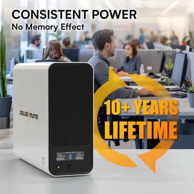 Alt view image 3 of 5 - GOLDENMATE 1000VA/600W Lithium UPS Battery Backup and Surge Protector, Backup Battery Power Supply with LiFePO4 Batteries(153.6 Wh), Sinewave UPS System, 10 Years Lifespan, 8-Outlets, LCD Display