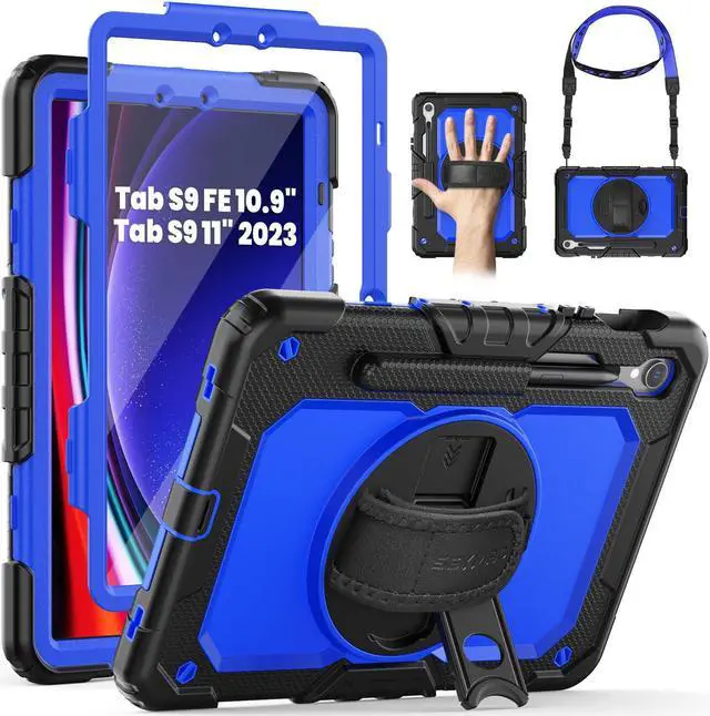 Main image of SEYMAC Case for Samsung Galaxy Tab S9 FE 10.9''/S9 11'', Heavy Duty Shockproof Protective Case with Screen Protector, Rotating Stand, Hand Strap, Blue