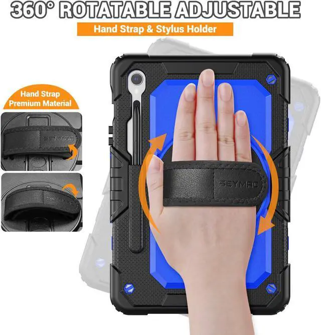 Alt view image 3 of 5 - SEYMAC Case for Samsung Galaxy Tab S9 FE 10.9''/S9 11'', Heavy Duty Shockproof Protective Case with Screen Protector, Rotating Stand, Hand Strap, Blue