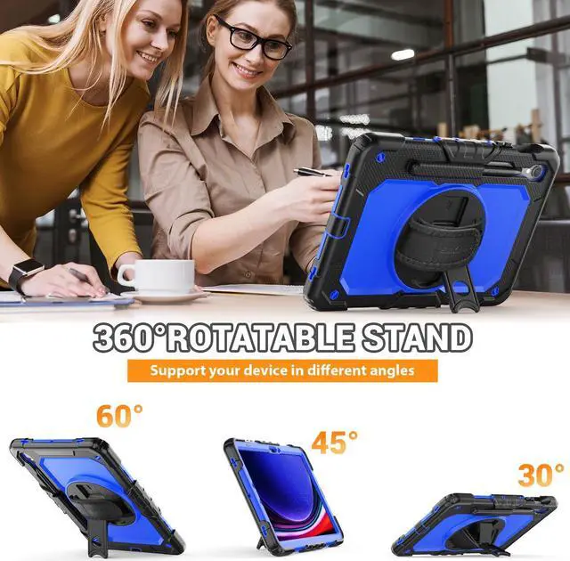Alt view image 4 of 5 - SEYMAC Case for Samsung Galaxy Tab S9 FE 10.9''/S9 11'', Heavy Duty Shockproof Protective Case with Screen Protector, Rotating Stand, Hand Strap, Blue