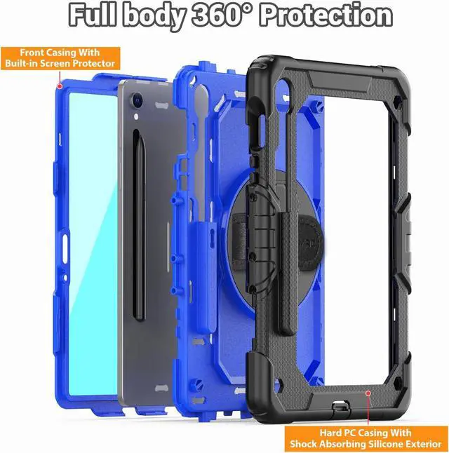Alt view image 5 of 5 - SEYMAC Case for Samsung Galaxy Tab S9 FE 10.9''/S9 11'', Heavy Duty Shockproof Protective Case with Screen Protector, Rotating Stand, Hand Strap, Blue