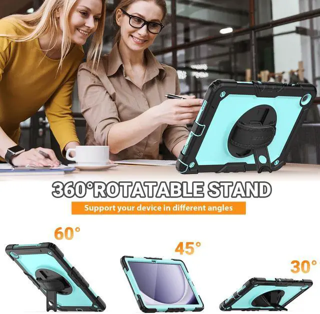 Alt view image 4 of 5 - SEYMAC for Samsung Galaxy Tab A9+/ A9 Plus Case 11" (SM-X210/X216/X218), Heavy Duty Shockproof Protective Case with Screen Protector, Rotating Stand and Hand/Shoulder Strap, Light Blue