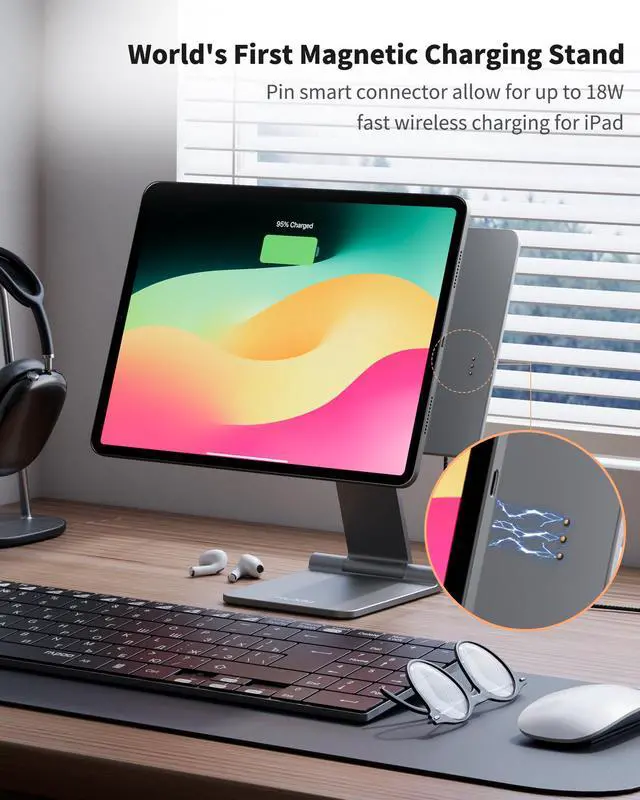 Alt view image 3 of 5 - KU XIU Magnetic Wireless Charging Stand for iPad Pro 11" M4 (2024) Only, Foldable Aluminum Alloy Tablet Holder Mount with 1M USB C Cable, 360° Adjustable Desktop Stand for iPad Pro 11 inch M4