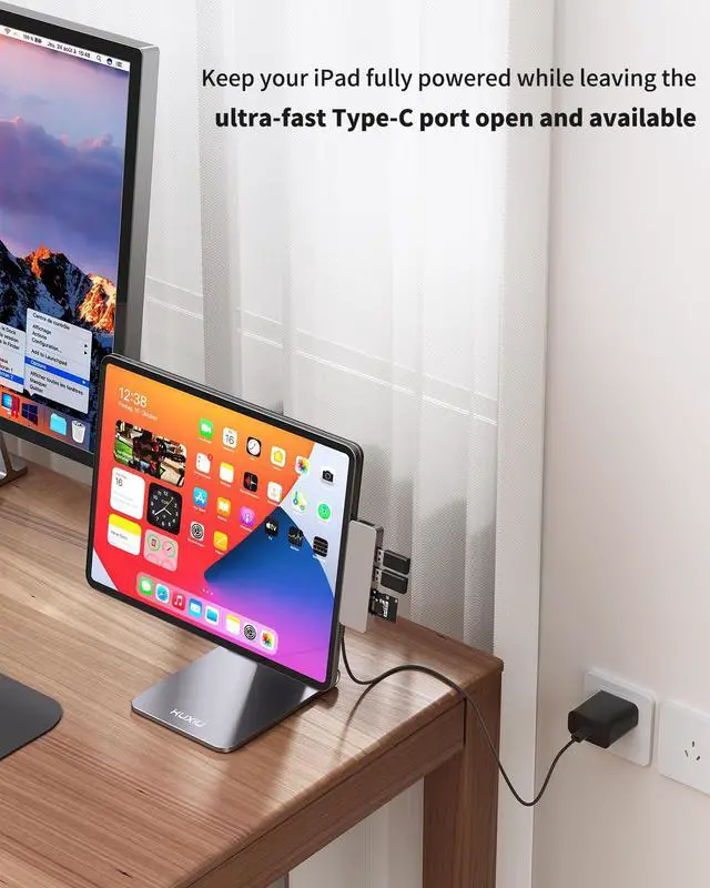 Alt view image 4 of 5 - KU XIU Magnetic Wireless Charging Stand for iPad Pro 11" M4 (2024) Only, Foldable Aluminum Alloy Tablet Holder Mount with 1M USB C Cable, 360° Adjustable Desktop Stand for iPad Pro 11 inch M4