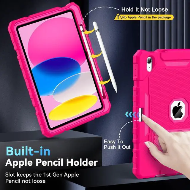 Alt view image 3 of 5 - Grifobes Case for iPad 11-inch (A16) 2025 / iPad 10th Generation 2022(10.9 inch), Heavy Duty Military Grade Shockproof Rugged Cover with Stand/Pencil Holder for i Pad 11th / 10 Gen (Hot Pink)