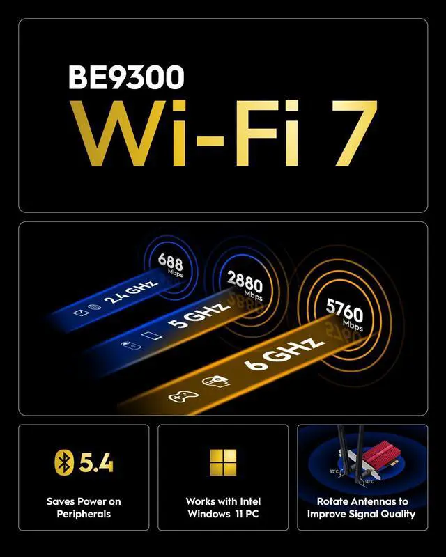 Alt view image 2 of 5 - Cudy WiFi 7 BE9300 WE9300 PCIe WiFi Card for PC, 6GHz Tri-Band Wireless Adapter, Intel BE200 Chipset, Bluetooth 5.4, WPA3, Easy Installation