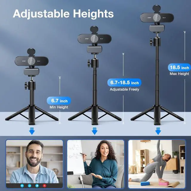 Alt view image 3 of 5 - EMEET NOVA 4K Webcam with Tripod - 4K UHD, PDAF Autofocus, Adjustable Heights with 360deg Swivel Head, 2 Noise-Cancelling Mics, USB Plug&Play, Privacy Cover, Ideal for Online Meetings&Live Streaming