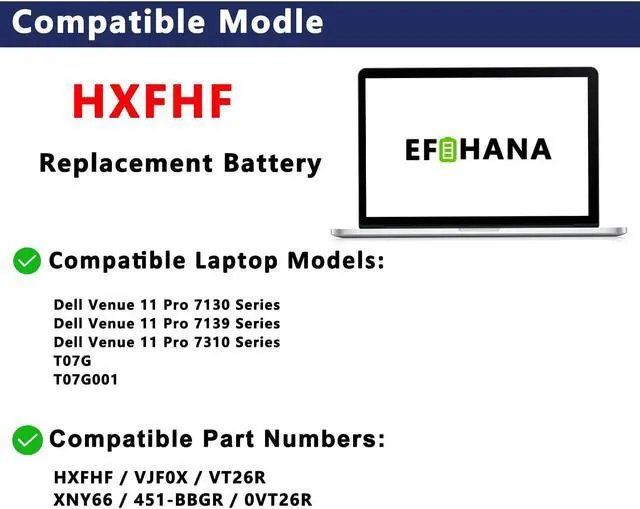 Alt view image 3 of 5 - EFOHANA HXFHF Laptop Battery Replacement for Dell Venue 11 Pro 7139 7310 T07G T07G001 i3-4020Y i3-4030Y i5-4300Y i5-4210Y Series Notebook VJF0X VT26R XNY66 451-BBGR 451-12170 0VT26R 7.4V 36Wh