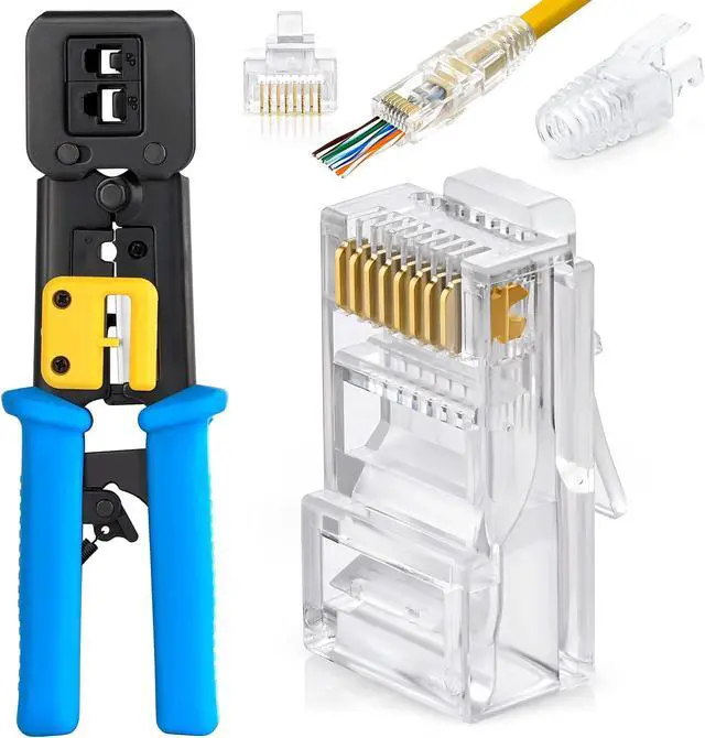 Main image of GTZ Bundle - 2 Items: RJ45 Crimp Tool + RJ45 Cat6 Pass Through Connectors and Strain Relief Boots - Pack of 100/100
