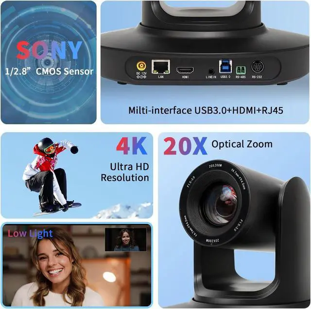 Alt view image 4 of 5 - HCSTVCON 4K HDMI PTZ Camera 20x Optical Zoom 1080P 60fps with USB3.0/HDMI/LAN IP Streaming Outputs, PoE Support for vMix OBS YouTube,Video Conference,Church Service,Broadcast Events,Black