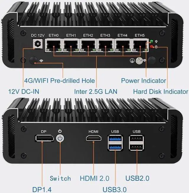 Alt view image 3 of 5 - HKUXZR Firewall Appliance Mini PC, Intel Celeron N5105 Quad Core 6xIntel I226 2.5G Ethernet VPN Router PC AES-NI HDMI DP Barebone No Ram(DDR4) No SSD(PCIE 3.0)