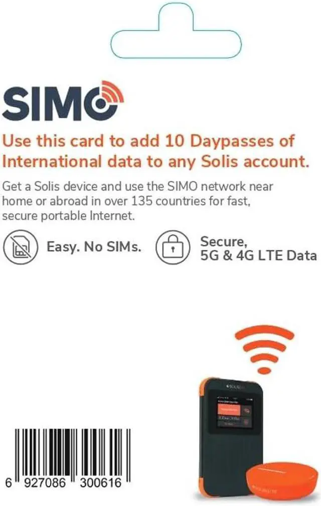 Alt view image 4 of 5 - SIMO Solis Lite 4G LTE WiFi Mobile Hotspot + 10 Daypass Card, Local & International Coverage Router, Multi-Carrier Access, No Contract or SIM Card Required, 10 Connected Devices, 1GB/Month Lifetime