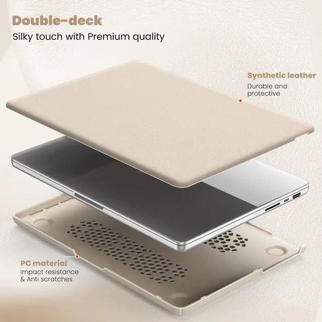 Alt view image 2 of 5 - ICEKEE Leather Case for MacBook Pro 14 Inch M4 - M1 Pro/Max, Fits A3112 A3401 A3185 (2024) / A2918 A2992 A2779 (2023) / A2442 (2021) Protective Hard Shell Cover with Fold Kickstand -BS-Gold