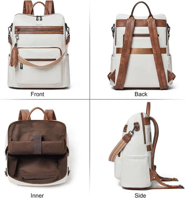 Alt view image 3 of 5 - Shrrie 15.6 Inch Laptop Backpack for Women - Large Leather Travel Carry-on, Water Resistant Casual College Work Purse, Beige With Brown
