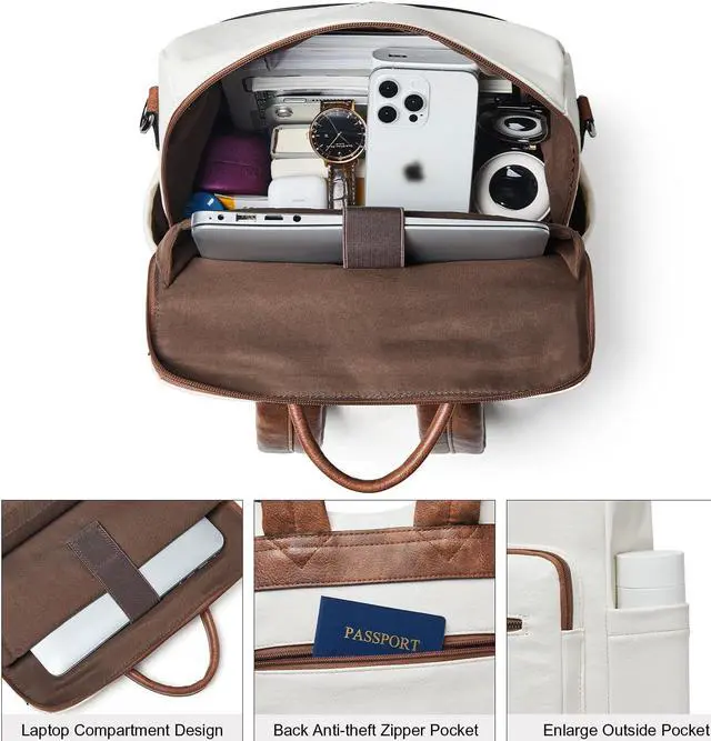 Alt view image 4 of 5 - Shrrie 15.6 Inch Laptop Backpack for Women - Large Leather Travel Carry-on, Water Resistant Casual College Work Purse, Beige With Brown