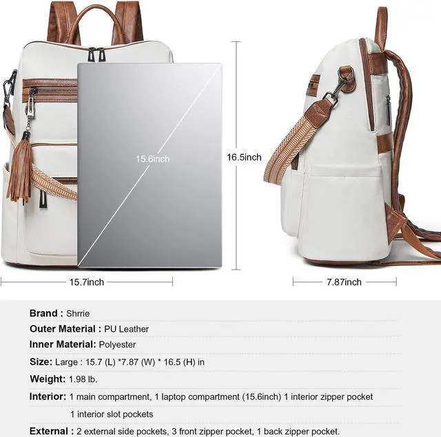 Alt view image 5 of 5 - Shrrie 15.6 Inch Laptop Backpack for Women - Large Leather Travel Carry-on, Water Resistant Casual College Work Purse, Beige With Brown