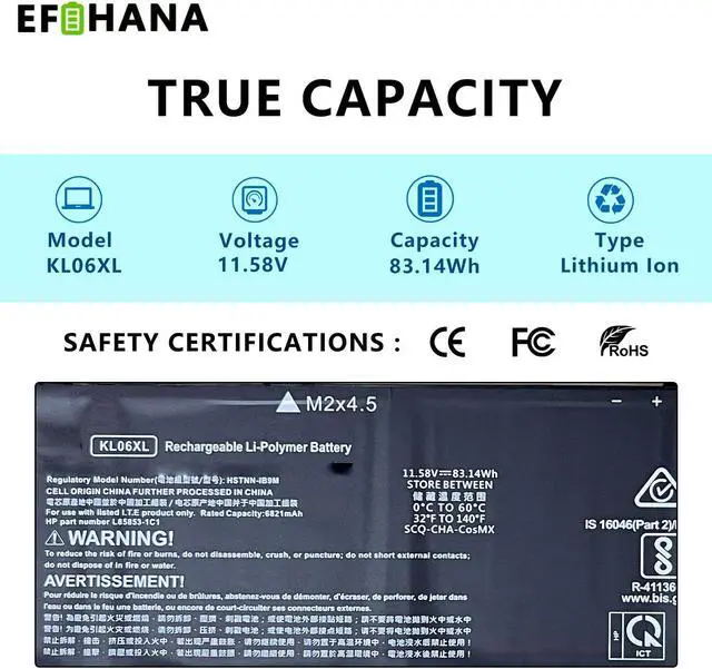 Alt view image 2 of 5 - EFOHANA KL06XL Laptop Battery Replacement for HP Envy 15-EP0001NL 15-EP0003NQ 15-EP0004TX 15-EP0006NM 15-EP0005NP 15-EP0010CA 15-EP0034NB 15-EP0098NR HSTNN-IB9M L85885-005 L85853-1C1 11.58V 83.14Wh