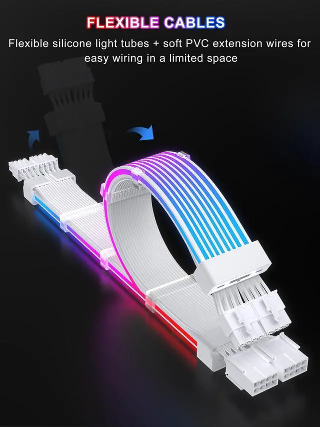 Alt view image 3 of 5 - Sirlyr RGB PSU Cable Extension,ARGB PC Power Supply Cable with Soft LED Stripes and PVC Sleeved Extend Cable,16AWG 24 Pin ATX Dual 8 Pin PCIE Set