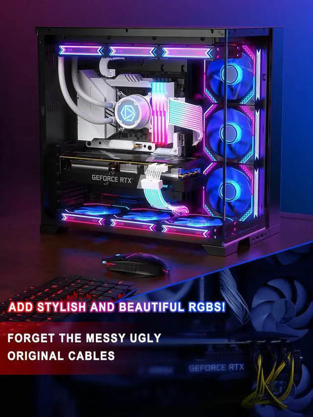 Alt view image 4 of 5 - Sirlyr RGB PSU Cable Extension,ARGB PC Power Supply Cable with Soft LED Stripes and PVC Sleeved Extend Cable,16AWG 24 Pin ATX Dual 8 Pin PCIE Set