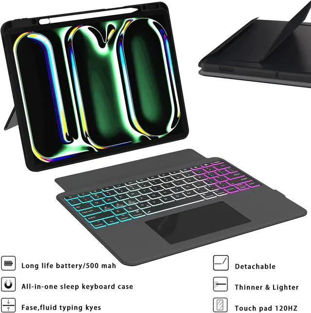 Alt view image 4 of 5 - Keyboard Case for 2024 iPad Pro 13 inch (M4): 3 Zone 7 Colors Backlit Detachable Magnetic Keyboard with Trackpad - Wireless Keyboard Folio Book Cover with Pencil Holder for 2024 iPad Pro 13" M4