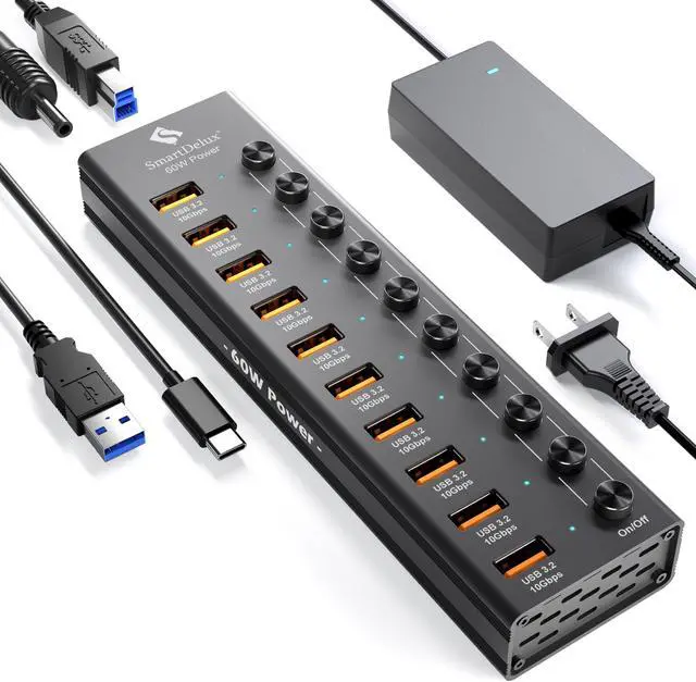 Main image of Powered USB 3.2 to Type-A, Type-C Hub, SmartDelux 10Gbps 10 Port Adapter, Individual LED Switches end High-Speed Data Transfer, Power Adapter 60W, USB Extension for Laptop, Flash Drive, PC and More