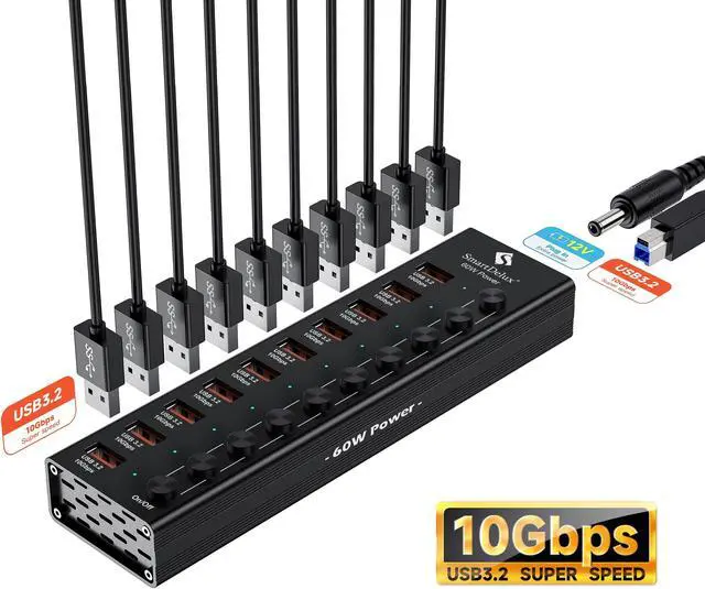 Alt view image 3 of 5 - Powered USB 3.2 to Type-A, Type-C Hub, SmartDelux 10Gbps 10 Port Adapter, Individual LED Switches end High-Speed Data Transfer, Power Adapter 60W, USB Extension for Laptop, Flash Drive, PC and More