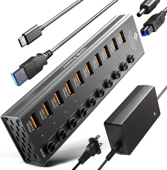 Alt view image 2 of 5 - Powered USB 3.2 to Type-A, Type-C Hub, SmartDelux 10Gbps 10 Port Adapter, Individual LED Switches end High-Speed Data Transfer, Power Adapter 60W, USB Extension for Laptop, Flash Drive, PC and More
