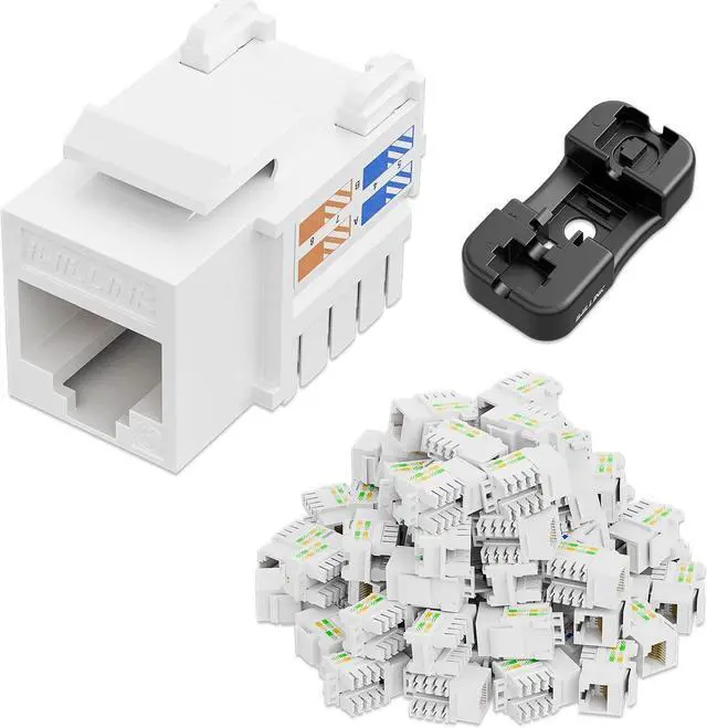 Main image of iwillink 10Gbps Cat6 Keystone Jack and Punch-Down Stand, 50-Pack, RJ45 Ethernet Keystone Jacks, 90-Degree UTP Modular Punch Down Keystone Jack Adapter, White