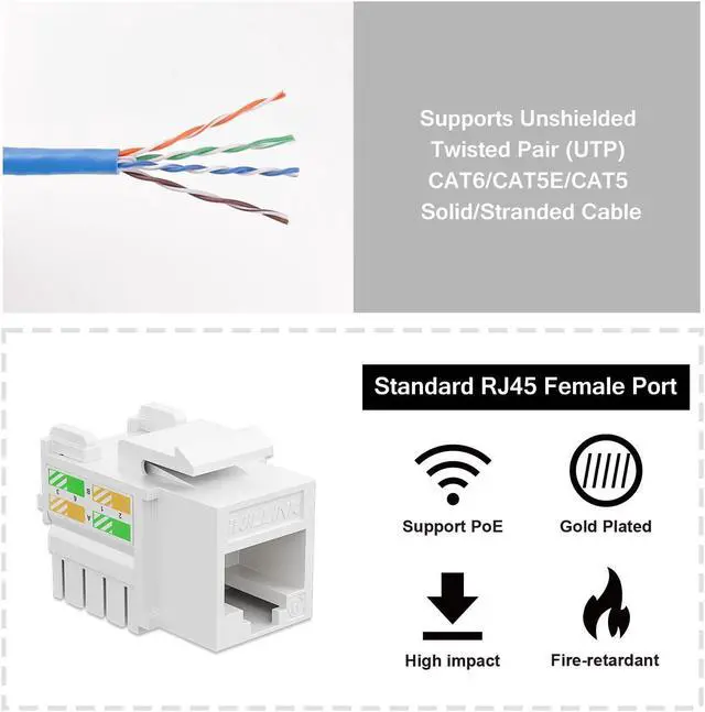 Alt view image 3 of 5 - iwillink 10Gbps Cat6 Keystone Jack and Punch-Down Stand, 50-Pack, RJ45 Ethernet Keystone Jacks, 90-Degree UTP Modular Punch Down Keystone Jack Adapter, White