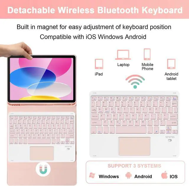 Alt view image 3 of 5 - SOPPY Keyboard Case with Touchpad for iPad 10th Generation, Detachable Wireless Keyboard for iPad 10th Gen 10.9" 2022 (A2696/A2757/A2777), Slim Case with Pencil Holder for iPad 10th Gen 2022, Pink