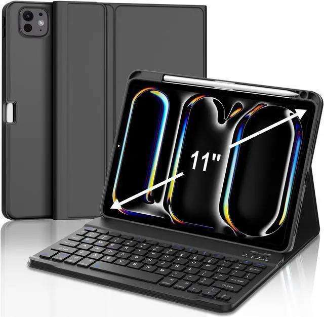 Main image of JADEMALL for iPad Pro 11 Inch Case with Keyboard (M4) 5th Generation 2024, 7 Colors Backlit, Wireless Bluetooth Detachable Keyboard, Auto Sleep/Wake, Smart Folio Cover with Pencil Holder, Space Black