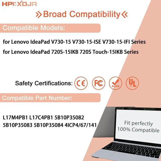 Alt view image 4 of 5 - HPXXDJA L17C4PB1 Laptop Battery Replacement for Lenovo IdeaPad 720S-15IKB 720S Touch-15IKB V730-15 V730-15-IFI V730-15-ISE 720S-15IKB Series 4 5B10P35082 5B10P35083 5B10P35082 L17M4PB1