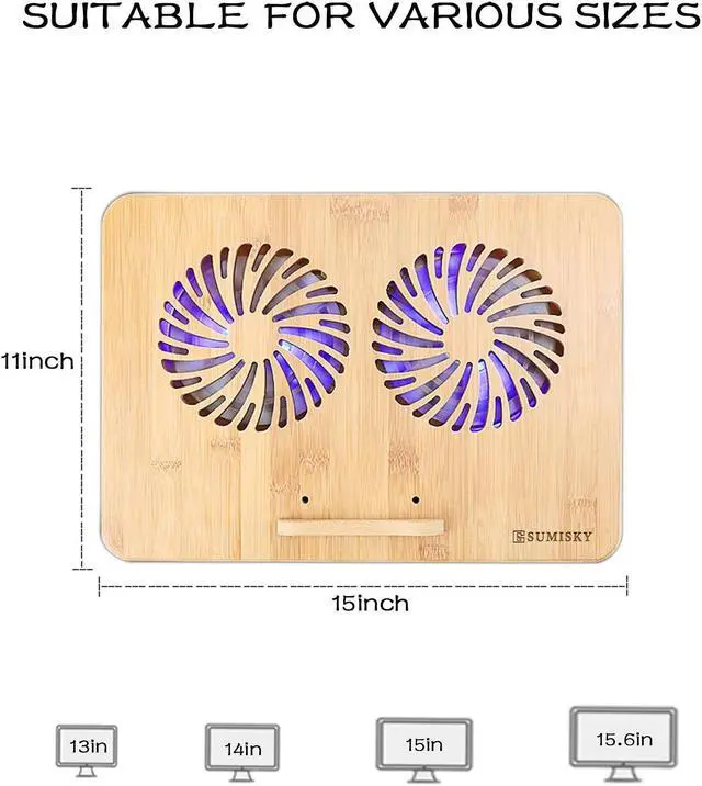 Alt view image 2 of 5 - SUMISKY Laptop Stand Cooling Pad 100% Bamboo Adjustable Laptop Desk with 2 Quiet Cooling Fans Blue Light and 2 USB Ports Ergonomic Cooler Pad