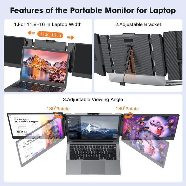 Alt view image 3 of 5 - Triple Portable Monitor for Laptop Screen Extender Dual Monitor 14 Inch FHD 1080P Tri Screen Display 4 Speakers Plug and Play No Driver for 13.3-17 Inch Laptop Windows/Mac/Chrome (2 Extended Screens)