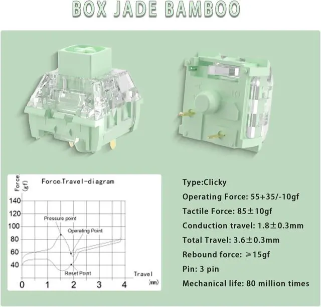 Alt view image 3 of 5 - Mciepny Kailh Box Bamboo Switch,for Mechanical Gaming Keyboard, 3-Pin Heavy 55gf Dustproof Waterproof Pre-Lubed Clicky Switches (Box Bamboo,72pcs)
