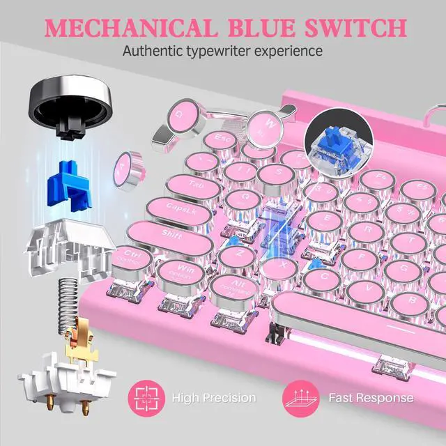 Alt view image 2 of 5 - Retro Typewriter Keyboard Wireless, Mechanical Gaming Vintage Keyboard 83-Key Blue Switches Bluetooth 5.0 Punk Round Keycap, 14 Modes LED Backlight, Type-C, Compatible with PC/Laptop/Pad/Phone, Pink