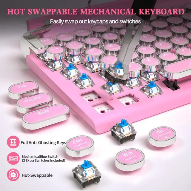 Alt view image 3 of 5 - Retro Typewriter Keyboard Wireless, Mechanical Gaming Vintage Keyboard 83-Key Blue Switches Bluetooth 5.0 Punk Round Keycap, 14 Modes LED Backlight, Type-C, Compatible with PC/Laptop/Pad/Phone, Pink
