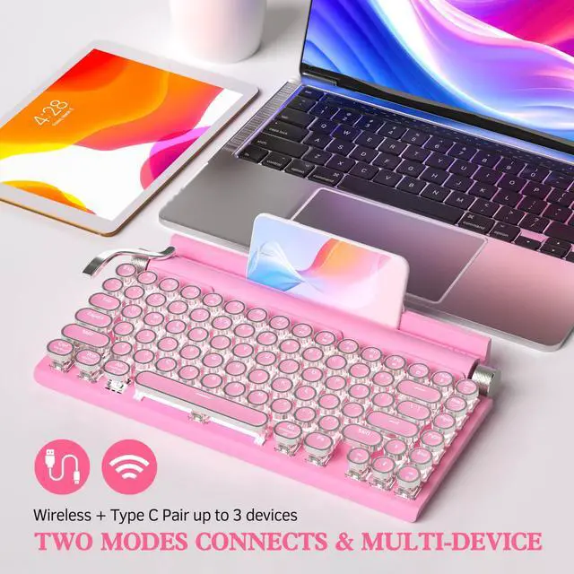 Alt view image 4 of 5 - Retro Typewriter Keyboard Wireless, Mechanical Gaming Vintage Keyboard 83-Key Blue Switches Bluetooth 5.0 Punk Round Keycap, 14 Modes LED Backlight, Type-C, Compatible with PC/Laptop/Pad/Phone, Pink