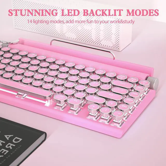 Alt view image 5 of 5 - Retro Typewriter Keyboard Wireless, Mechanical Gaming Vintage Keyboard 83-Key Blue Switches Bluetooth 5.0 Punk Round Keycap, 14 Modes LED Backlight, Type-C, Compatible with PC/Laptop/Pad/Phone, Pink
