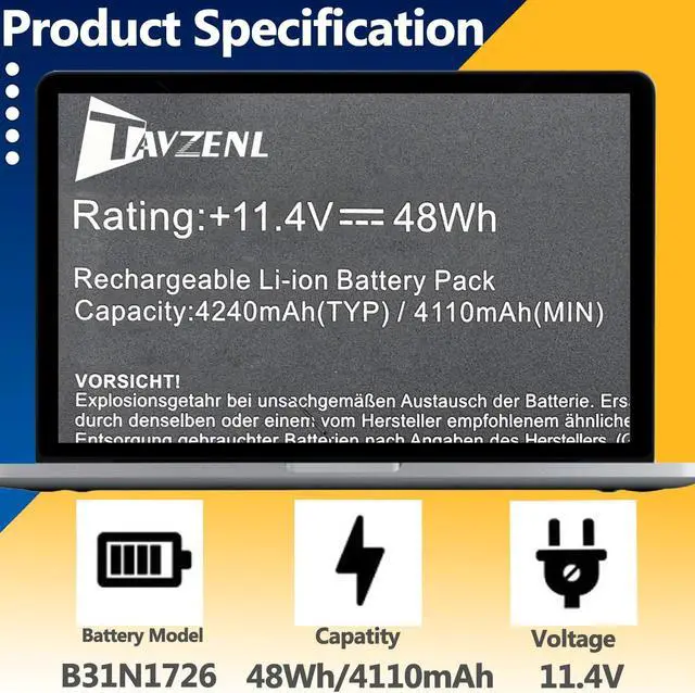 Alt view image 2 of 5 - TAVZENL B31N1726 Long Line 48Wh Battery Replacement for ASUS ROG Strix G531 G531GT G531GT-BI7N6 Series G15 G512 G512LI Series 11.4V 4240