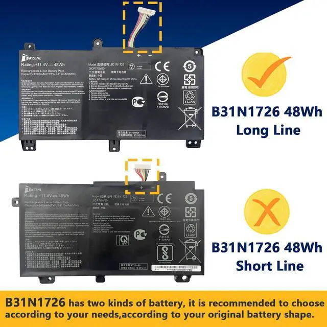 Alt view image 4 of 5 - TAVZENL B31N1726 Long Line 48Wh Battery Replacement for ASUS ROG Strix G531 G531GT G531GT-BI7N6 Series G15 G512 G512LI Series 11.4V 4240