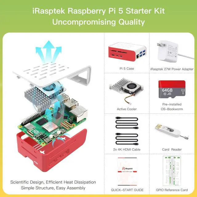 Alt view image 3 of 5 - iRasptek Starter Kit for Raspberry Pi 5 RAM 8GB -Pre-Loaded with 64GB Edition Raspberry Pi OS (Red&White Case)