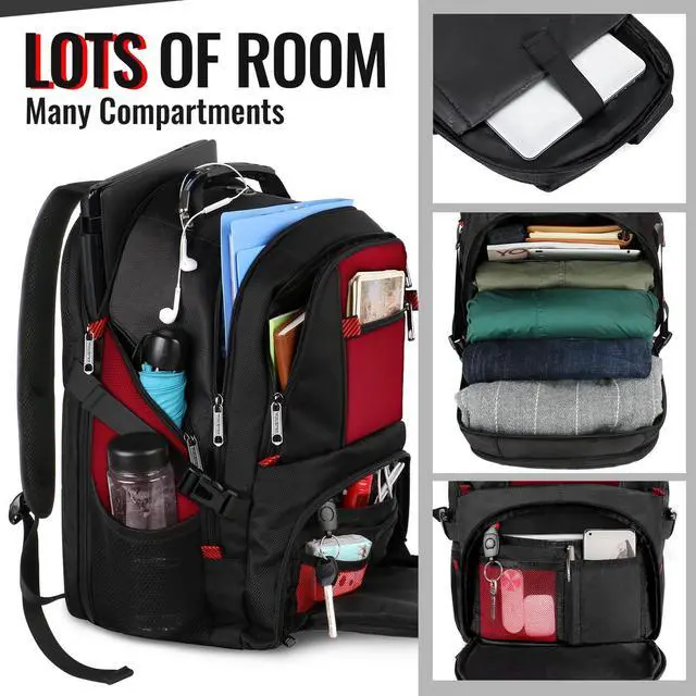 Alt view image 2 of 5 - YOREPEK Travel Backpack, Extra Large 50L Laptop Backpacks for Men Women, Water Resistant College Backpack Airline Approved Business Work Bag with USB Charging Port Fits 17 Inch Computer, Bright Red