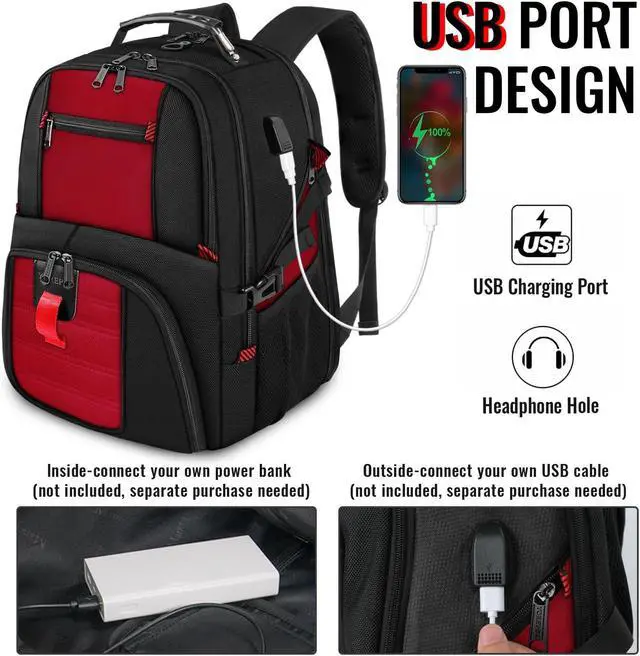Alt view image 3 of 5 - YOREPEK Travel Backpack, Extra Large 50L Laptop Backpacks for Men Women, Water Resistant College Backpack Airline Approved Business Work Bag with USB Charging Port Fits 17 Inch Computer, Bright Red