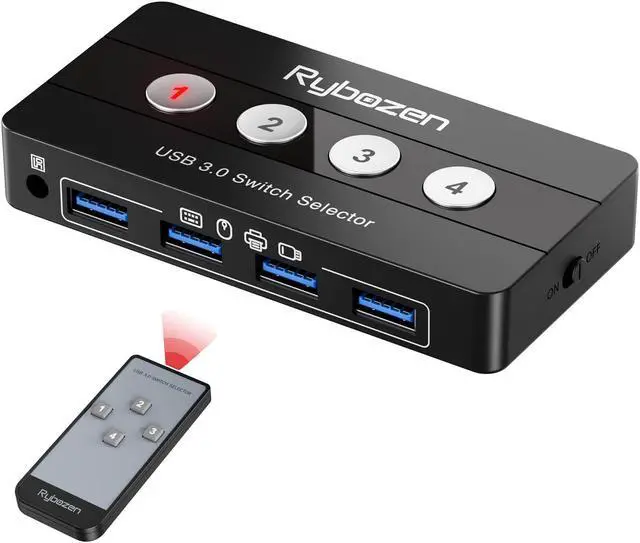 Main image of Jancane USB 3.0 Switch Selector, 4 Port KVM Switch USB Peripheral Switcher Box, 4 Computers Sharing 4 USB Devices, Button Switch & Remote Control