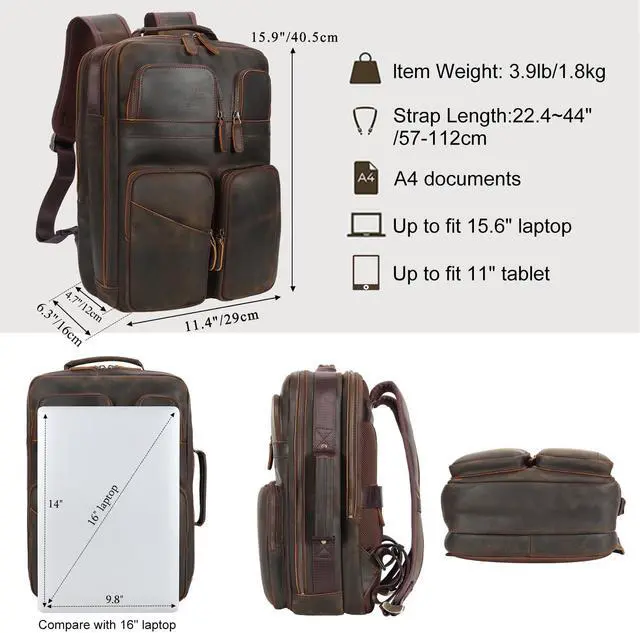 Alt view image 2 of 5 - TIDING Full Grain Leather 15.6" Laptop Backpack for Men Multi Pockets Casual Daypack Business Travel Rucksack