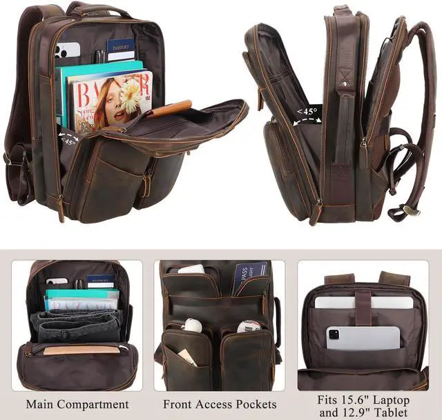 Alt view image 3 of 5 - TIDING Full Grain Leather 15.6" Laptop Backpack for Men Multi Pockets Casual Daypack Business Travel Rucksack